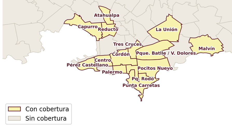 Mapa de zonas de cobertura de envíos en Montevideo